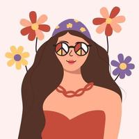 hermosa mujer con cabello oscuro sobre un fondo de arco iris y flores. concepto vectorial para el día de la madre, el día de san valentín, el día de la mujer el 8 de marzo vector