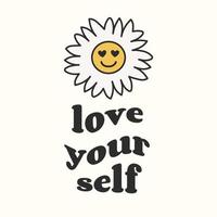 Love your self. Slogan Print with groovy flowers, 70's Groovy Themed Hand Drawn Abstract Graphic Tee Vector Sticker