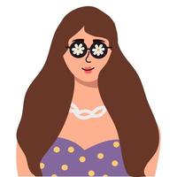 ilustración vectorial de una mujer hermosa con una flor en la cabeza y gafas de sol vector