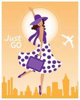 Travel illustration, woman in hat and polka dot skirt with bag on abstract city background. Clip art, poster, design for travel agencies vector