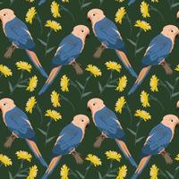 Seamless pattern, pink-blue parrots and echinacea flowers on a green background. print, textile, wallpaper vector