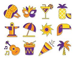 Brazilian carnival icons set, mask, guitar, cocktail, drum, statue, umbrella and others. Purple and yellow colors, colorful design