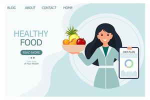 ilustración, una nutricionista con un plato de frutas y un plan de dieta. ilustración para el sitio, recurso web. concepto de comida saludable.