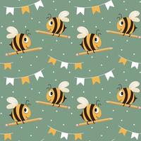 Seamless pattern, cute funny bees with pencils and garlands with flags on a green background. Print, textiles for children, holiday decor