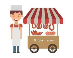 ilustración, un vendedor ambulante de carne y productos cárnicos y un carro con un toldo a rayas. impresión, imágenes prediseñadas, póster vector