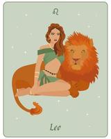 Astrological zodiac sign Leo, a beautiful magical woman with a lion on a gentle background with stars. Poster, clip, tarot