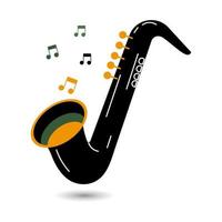 Musical illustration, black saxophone and music notes on a white background. Logo, icon, vector