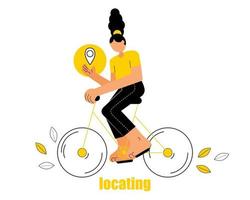 Abstract illustration, girl on bike and destination, concept for website button. Yellow and black design. Banner, clip art vector