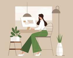Illustration, modern girl freelancer working at the computer at home. Home office concept. Beige and green colors. Trend design, clip art, poster