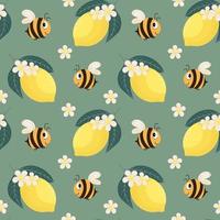 Seamless pattern, cute funny busy bees and lemons with white flowers on a green background. Print, textile, for children, wallpaper, cover.