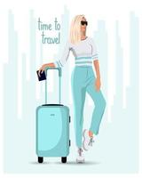 Travel illustration, modern woman in trousers and sneakers with a suitcase on an abstract background of the city. Clip art, poster, design for travel agencies
