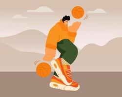 ilustración de dibujos animados, deportista divertido en zapatillas con pelotas de baloncesto. impresión, póster, imágenes prediseñadas