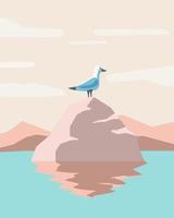 Summer illustration, seagull bird on a rock against the backdrop of a sea landscape. Clip art, print, poster