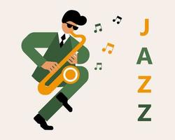 Flat illustration, musician with saxophone, notes and text Jazz, green and yellow trendy design. Print, clip art, poster for music concerts.