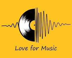 Music illustration, black vinyl record and abstract sound graphic on yellow background. Retro style logo, icon vector