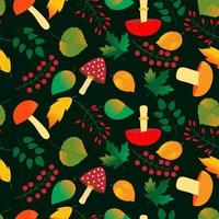 Seamless pattern of edible and inedible mushrooms, berries on a branch and autumn leaves on a dark green background. Texture for fabric, drawing labels, print on t-shirt, wallpaper etc. Vector