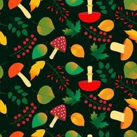 Seamless pattern of edible and inedible mushrooms, berries on a branch and autumn leaves on a dark green background. Texture for fabric, drawing labels, print on t-shirt, wallpaper etc. Vector