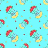 Summer vibes seamless pattern. The lettering is decorated with watermelon and melon slices. Bright fruits background. Great for fabric, packaging, wallpaper, print. Vector illustration.