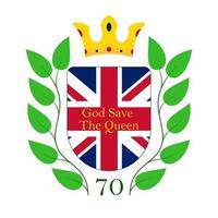 Royal Logo Template. The inscription God Save the Queen on the background of the British flag circled by laurel branches and crown. Great for poster, banner, web page, card, flyer, print, sticker.