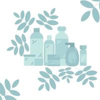 Decorated set of bottles and jars of care cosmetics and cleansers vector