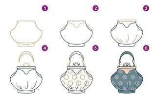 Instructions for drawing fashion bag. Follow step by step for drawing handbag. Worksheet for kid learning to draw accessory. Game for child vector page. Scheme for drawing bag.