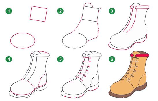 Instructions for drawing boot. Follow step by step for drawing boot. Worksheet for kid learning to draw boot. Game for child vector page. Scheme for drawing boot.