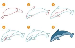 Instructions for drawing dolphin. Follow step by step for drawing dolphin. Worksheet for kid learning to draw marine mammal. Game for child vector page. Scheme for drawing dolphin.