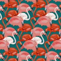 Bright pattern with different flamingos. Pink flamingo. Stylish pattern with red and pink flamingos on emerald background. Vector illustration