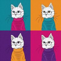 Beautiful white cat in pop art style. Cat with glasses. Vector illustration
