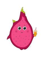 Cute cartoon dragon fruit with tropical cocktail. Vegetarian food. Sweet tropical fruit. Vector illustration
