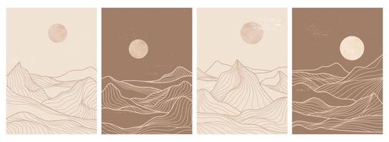 Creative minimalist modern line art print on set. Abstract mountain contemporary aesthetic backgrounds landscapes. with mountain, moonlight, skyline and wave. vector illustrations