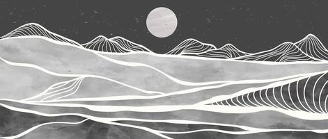 Mid century modern mountain line art print. Abstract contemporary aesthetic backgrounds landscapes. illustration black and white of mountain, moon and river vector