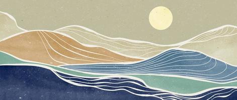creativas ilustraciones minimalistas pintadas a mano de mediados de siglo moderno. fondos estéticos contemporáneos abstractos paisajes. con arte lineal de montaña, bosque y olas del océano vector