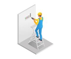 Flat isometric illustration concept. man plugging in an electric socket vector