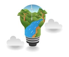 flat isometric illustration concept. view of river flow with windmill inside light bulb vector