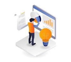 Flat isometric illustration concept. man putting pie chart on monitor vector