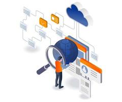 Flat isometric illustration concept. man analyzes the state of the world's network vector