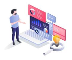 Isometric flat illustration concept. man showing investment business analysis vector