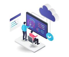 Flat isometric illustration concept. two people control cloud server from monitor vector