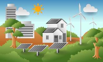flat isometric illustration concept. solar panel energy scenery for industrial and home living vector
