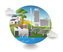 flat isometric illustration concept. factory waste and solar panel energy vector