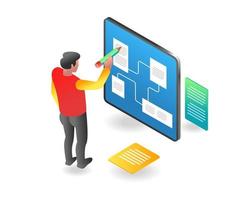 Flat isometric illustration concept. man is recording business structure points vector