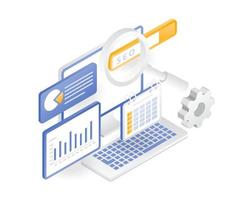 Flat isometric illustration concept. web seo optimization analysis vector