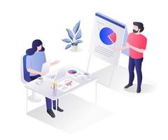 concepto de ilustración plana isométrica. el equipo de trabajo está discutiendo el desarrollo de un negocio vector