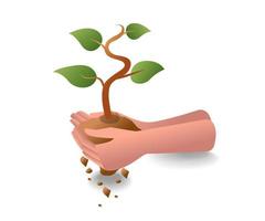 Flat isometric concept illustration. hands holding the ground with plants vector