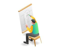 Flat isometric illustration concept. man spelling manual technique drawing project vector