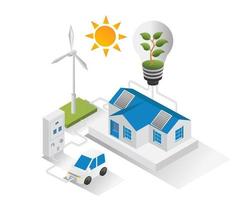 Isometric design concept illustration. house with solar panels electric car vector