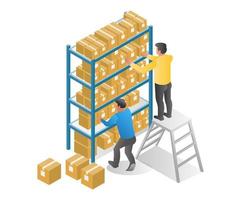 Flat isometric illustration concept. two men stacking stock on a warehouse shelf vector