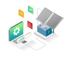 Flat isometric illustration concept. the process of setting up solar panels with a computer vector