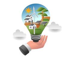 flat isometric illustration concept. house with solar panels inside the light bulb vector
